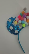 Load and play video in Gallery viewer, Blue and White Polka Dot Sequined Headband with Pompom Bow
