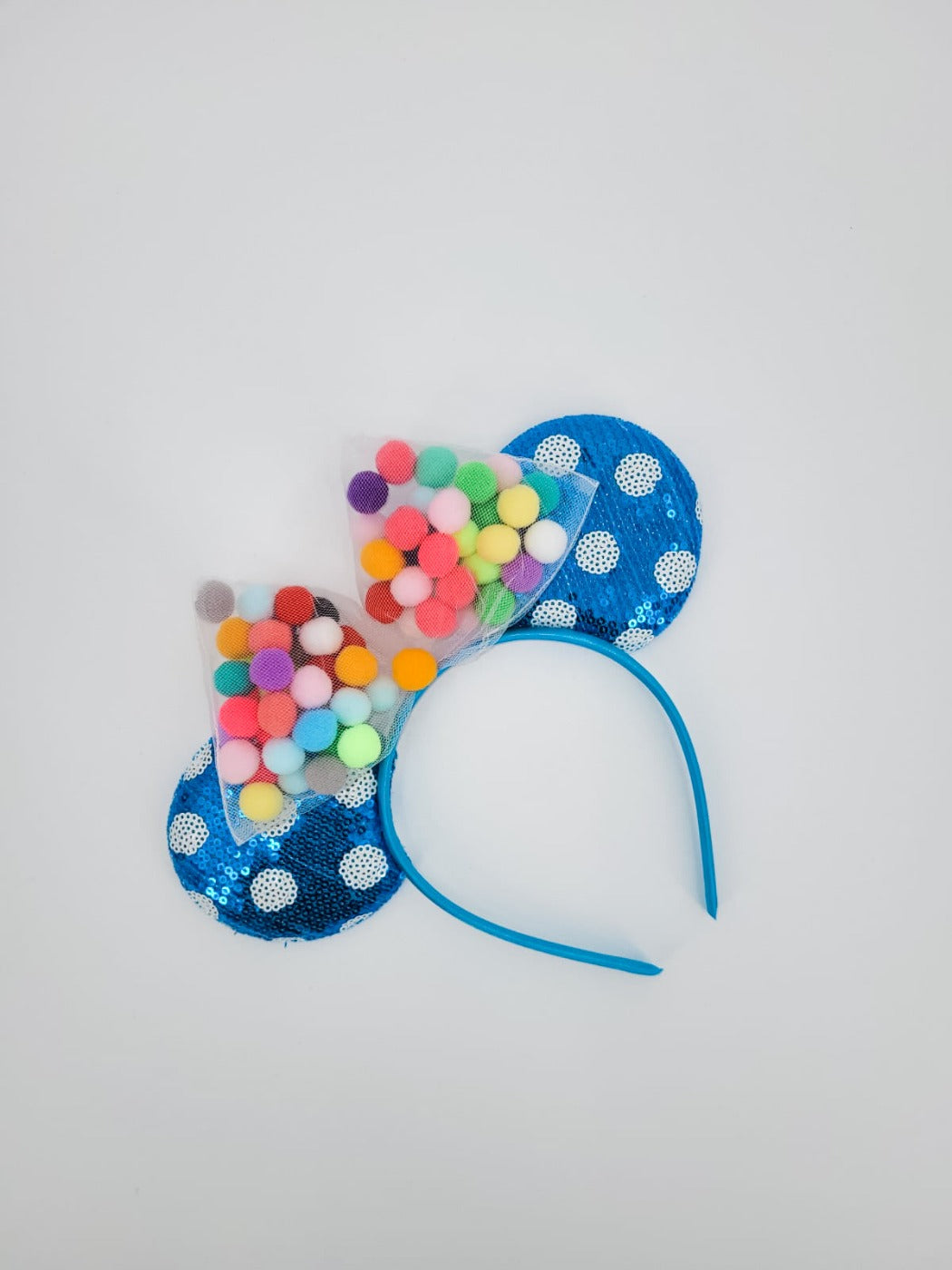 Blue and White Polka Dot Sequined Headband with Pompom Bow