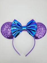 Load image into Gallery viewer, Purple Sequined Ear Headband with Blue Iridescent Bow
