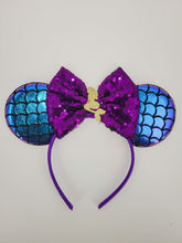 Load image into Gallery viewer, Blue Mermaid Princess Themed Headband with Purple Sequined Bow
