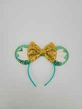Load image into Gallery viewer, Green Lily Pad Themed Ear Headband with Gold Sequined Bow
