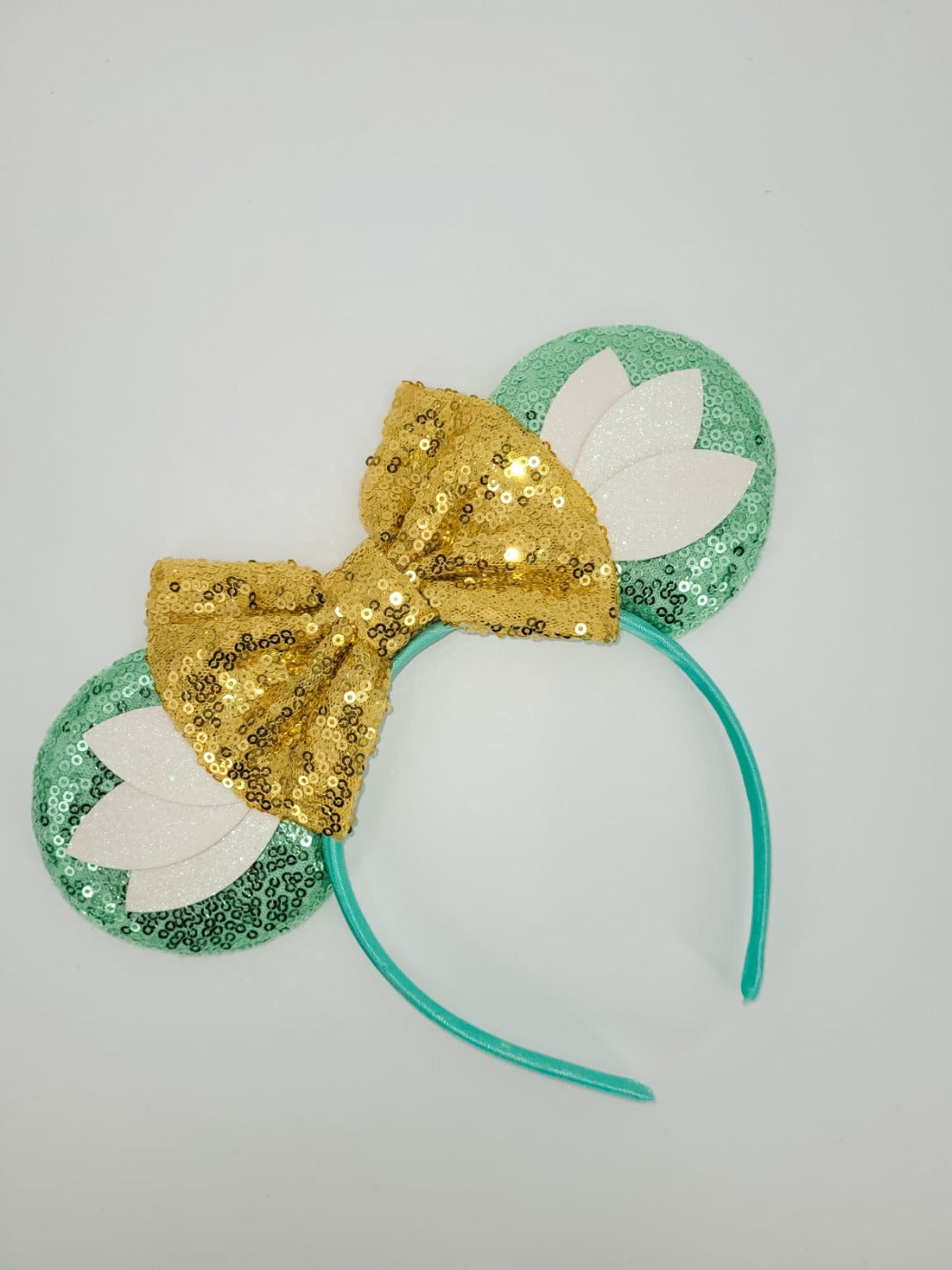 Green Lily Pad Themed Ear Headband with Gold Sequined Bow