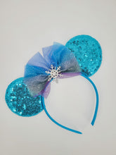Load image into Gallery viewer, Blue Snow Princess Themed Sequined Headband with Blue and Purple Tulle Bow
