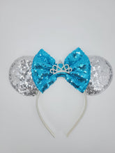 Load image into Gallery viewer, Silver Princess Themed Sequined Ear Headband with Blue Sequined Bow
