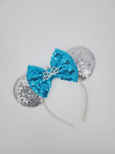 Load image into Gallery viewer, Silver Princess Themed Sequined Ear Headband with Blue Sequined Bow
